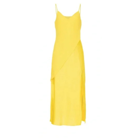 Saunders Collective Lara Dress Midi Side Slit Yellow  US 4 - Picture 4 of 15